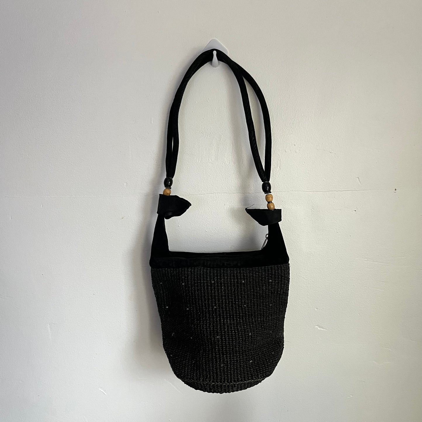 Black Beaded Bucket Straw Purse