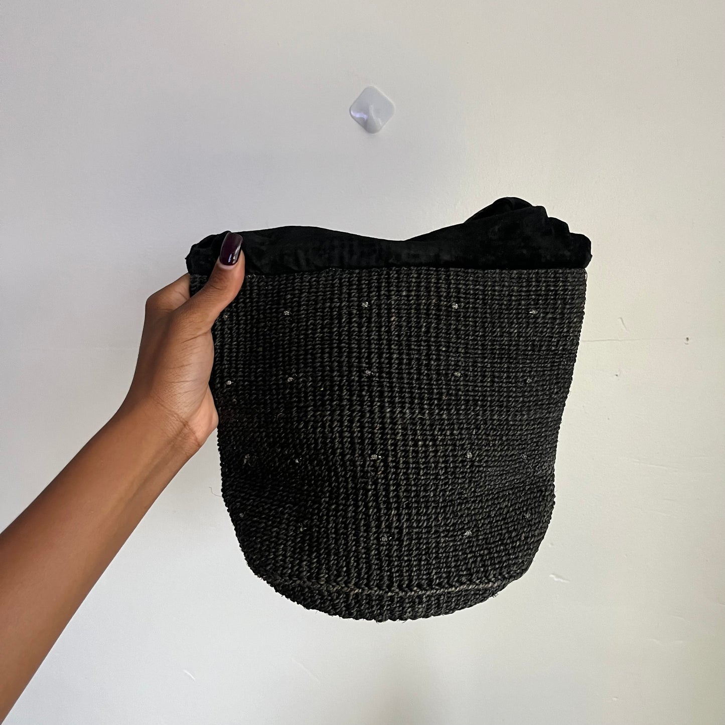 Black Beaded Bucket Straw Purse