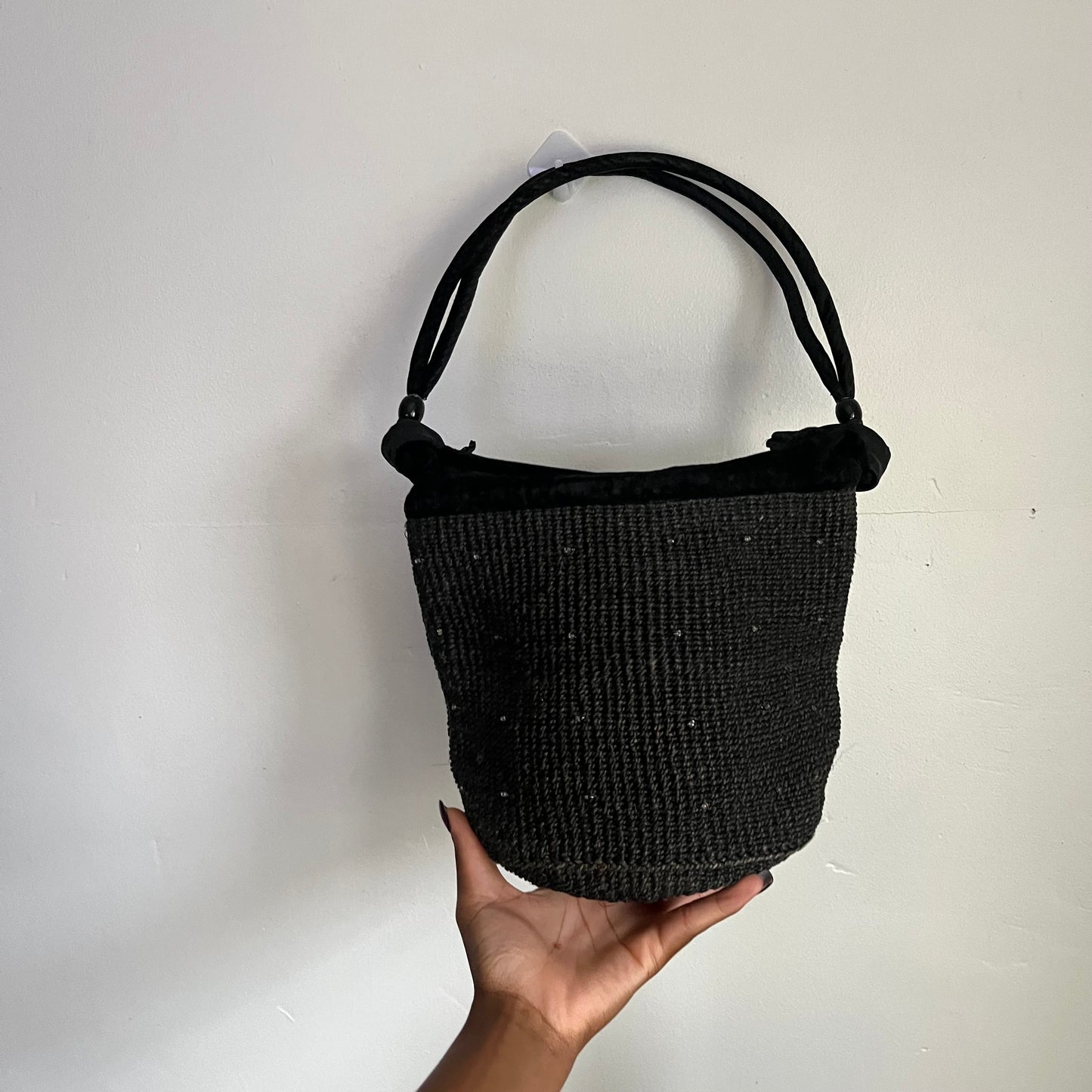 Black Beaded Bucket Straw Purse