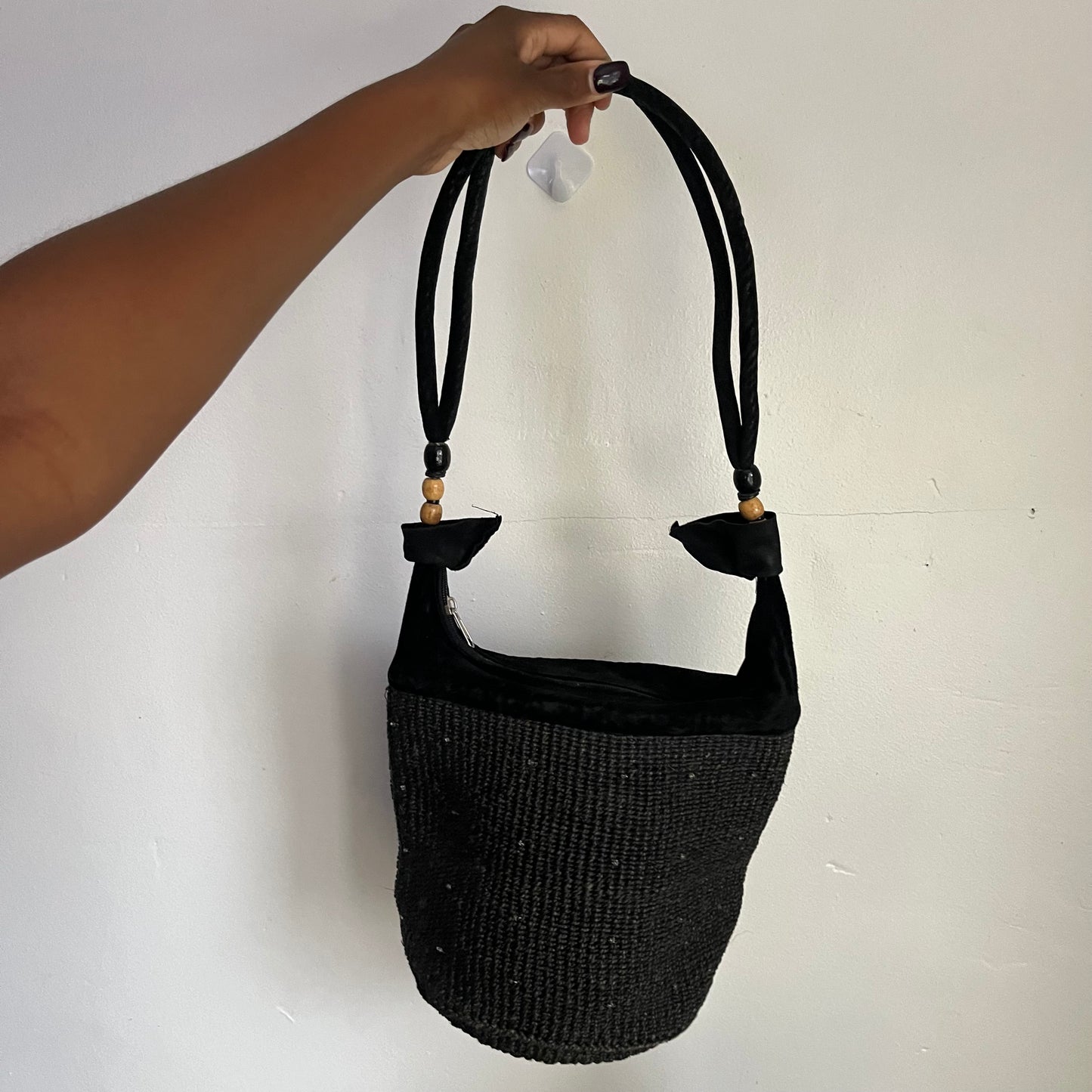 Black Beaded Bucket Straw Purse