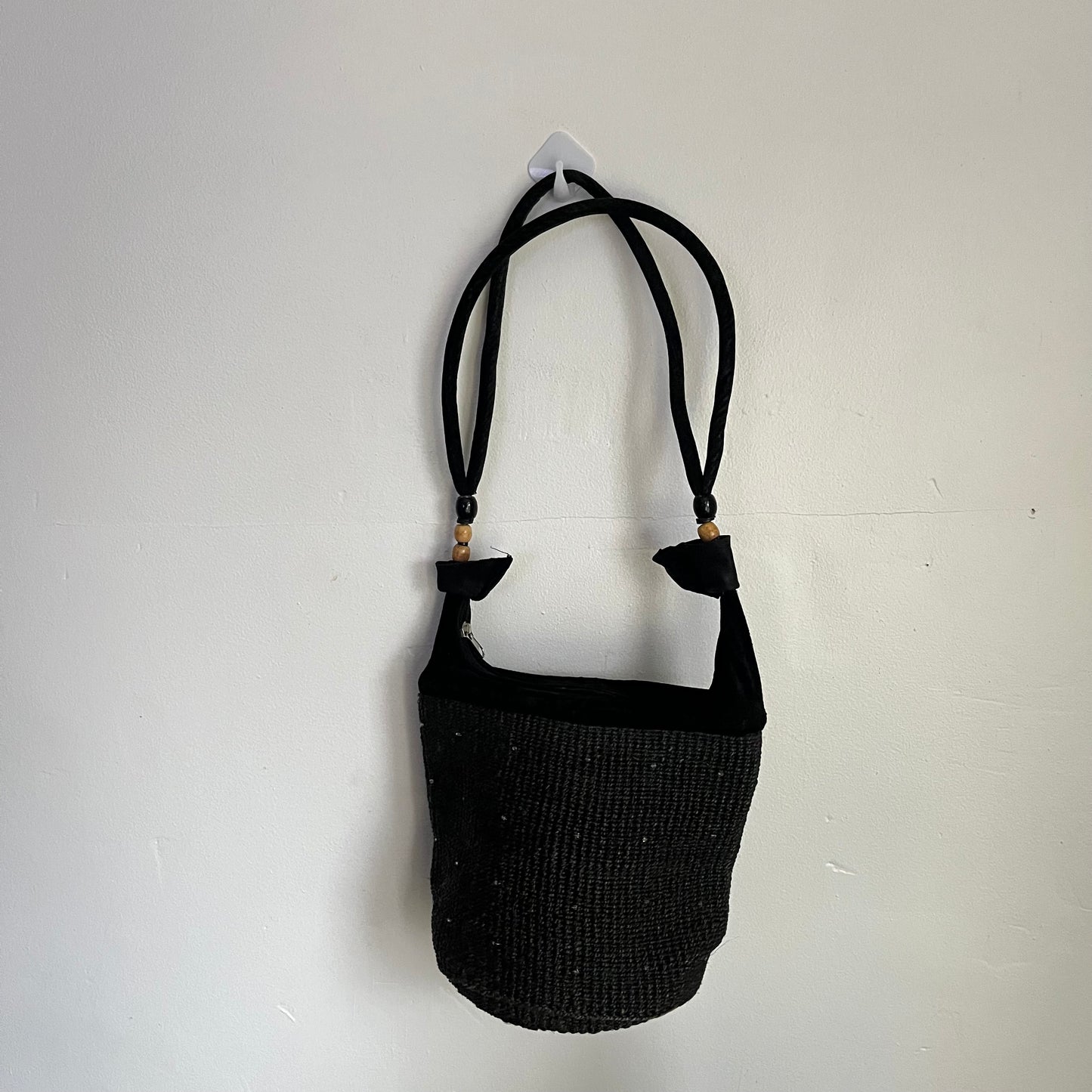 Black Beaded Bucket Straw Purse